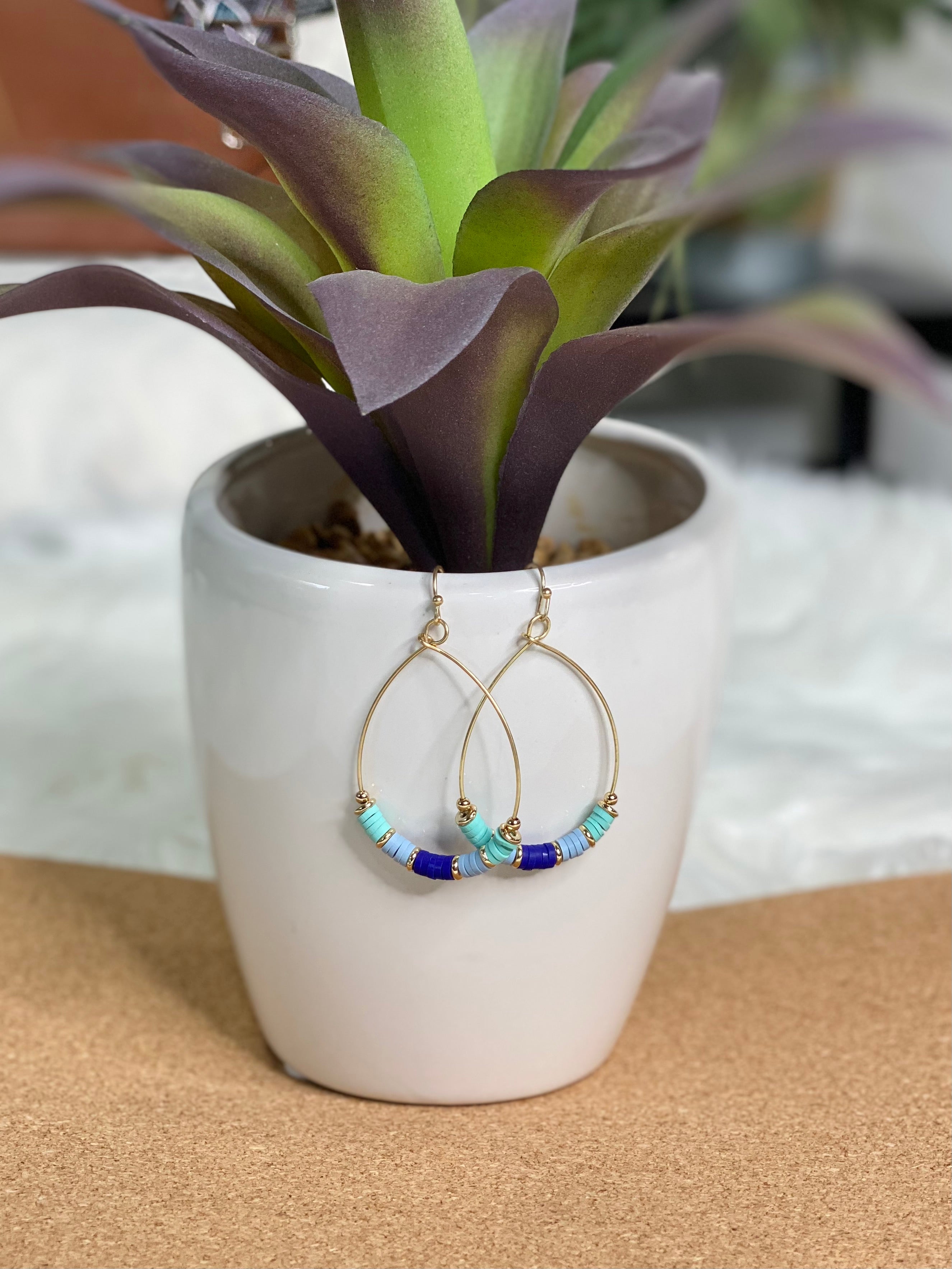 Blue and Teal Heishi Hoop earrings in Gold