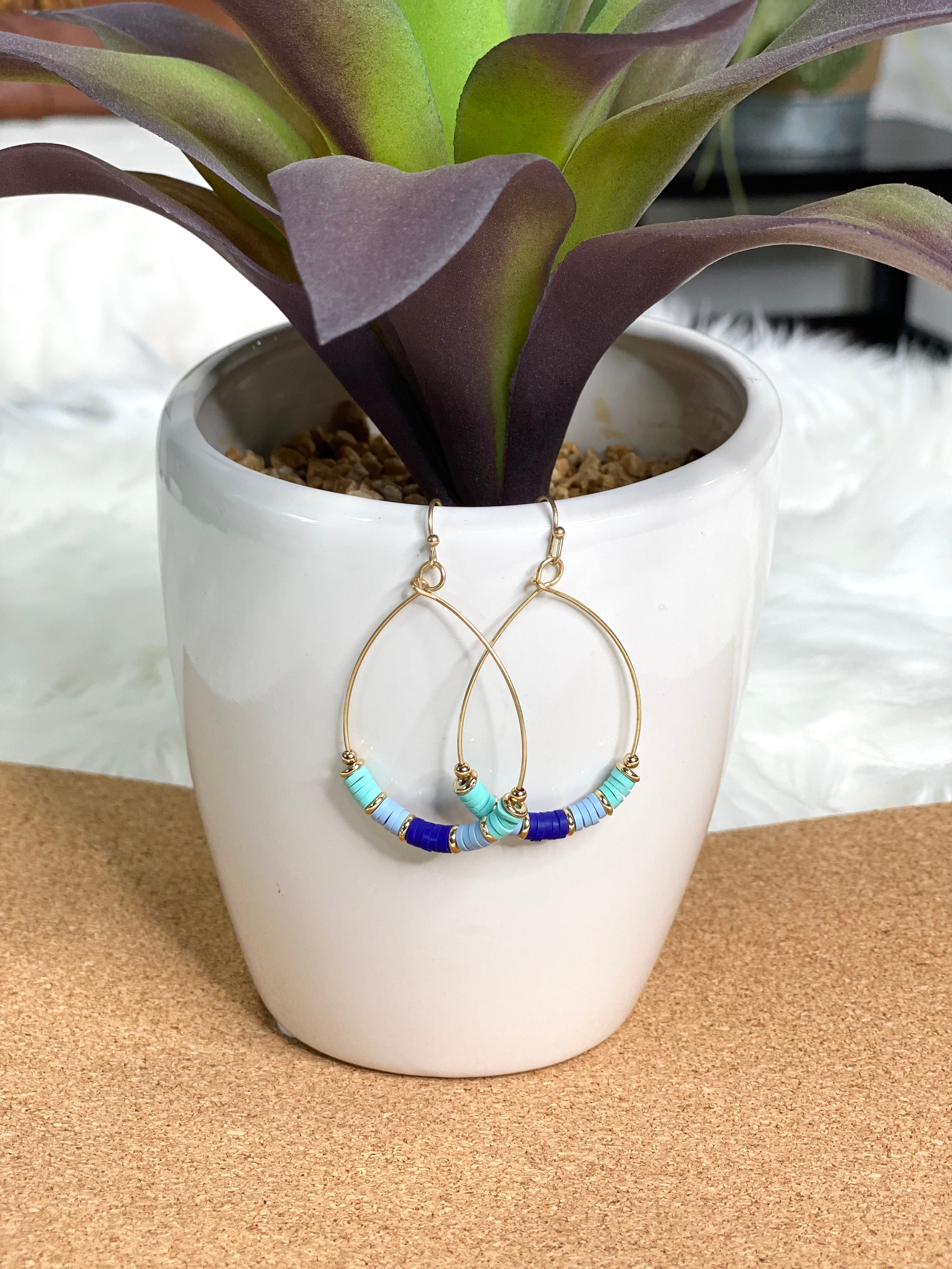 Blue and Teal Heishi Hoop earrings in Gold