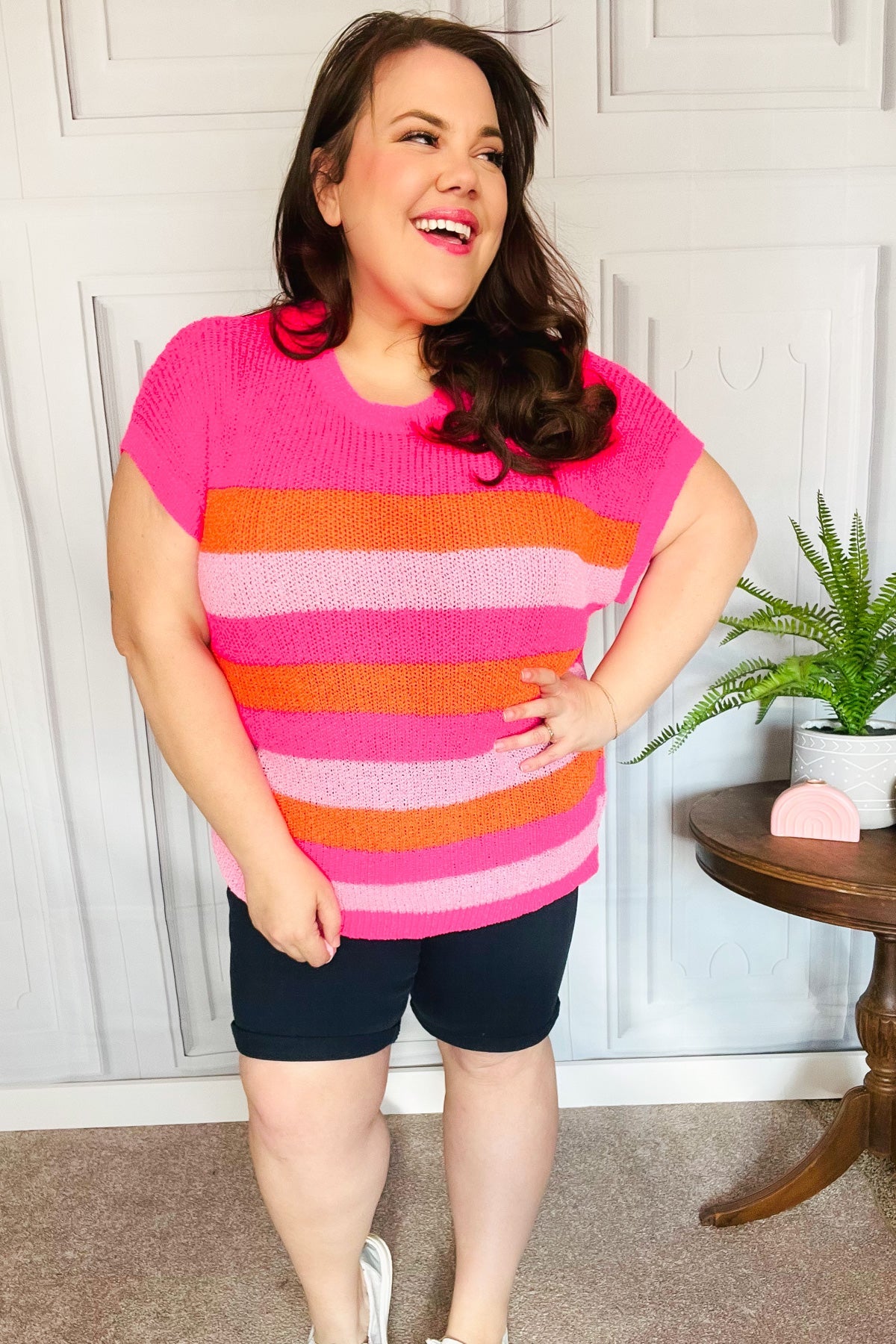 Feeling Bold Fuchsia & Orange Stripe Short Sleeve Dolman Sweater