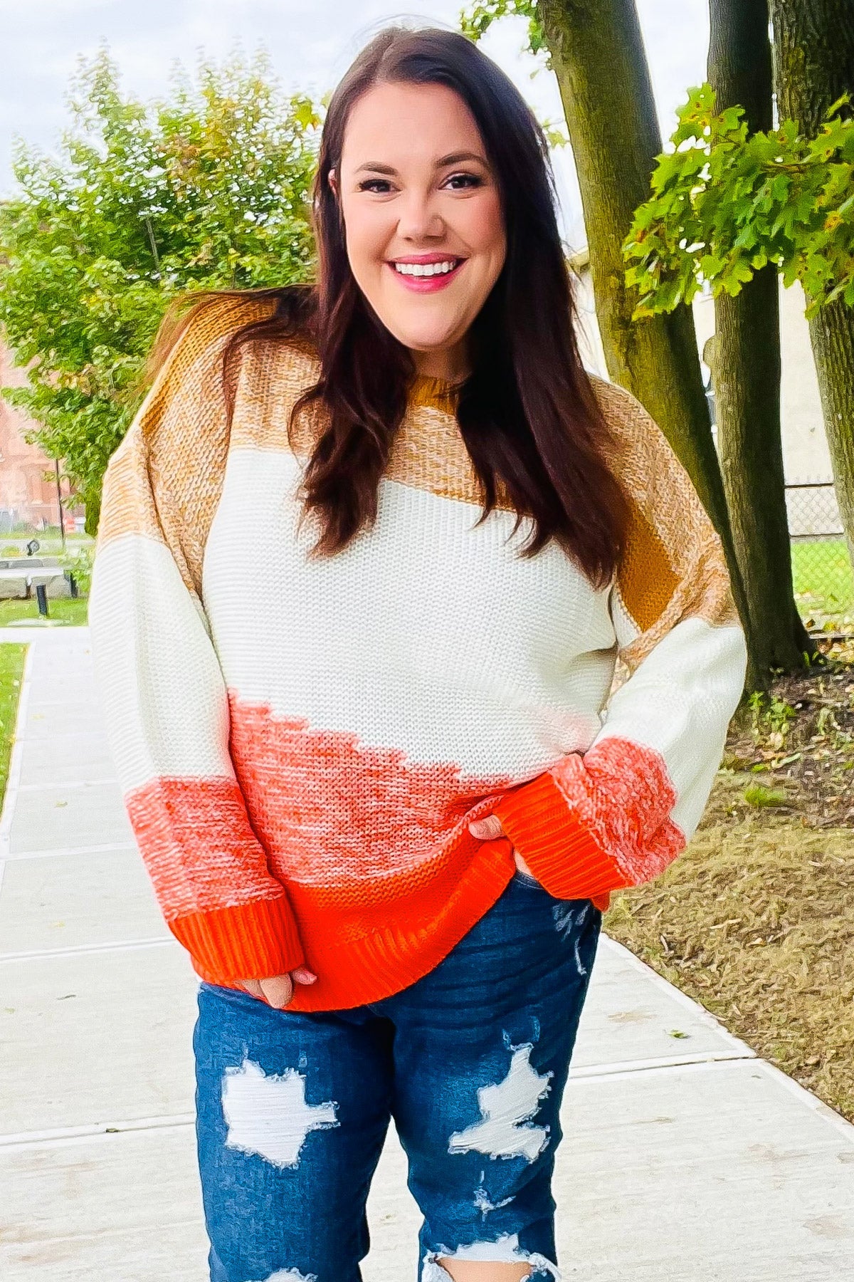 Adorable You Camel & Orange Color Block Sweater