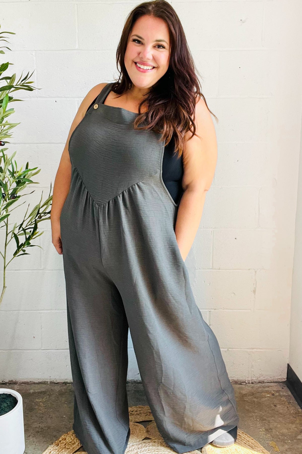 Everyday Grey Olive Wide Leg Suspender Overall Jumpsuit