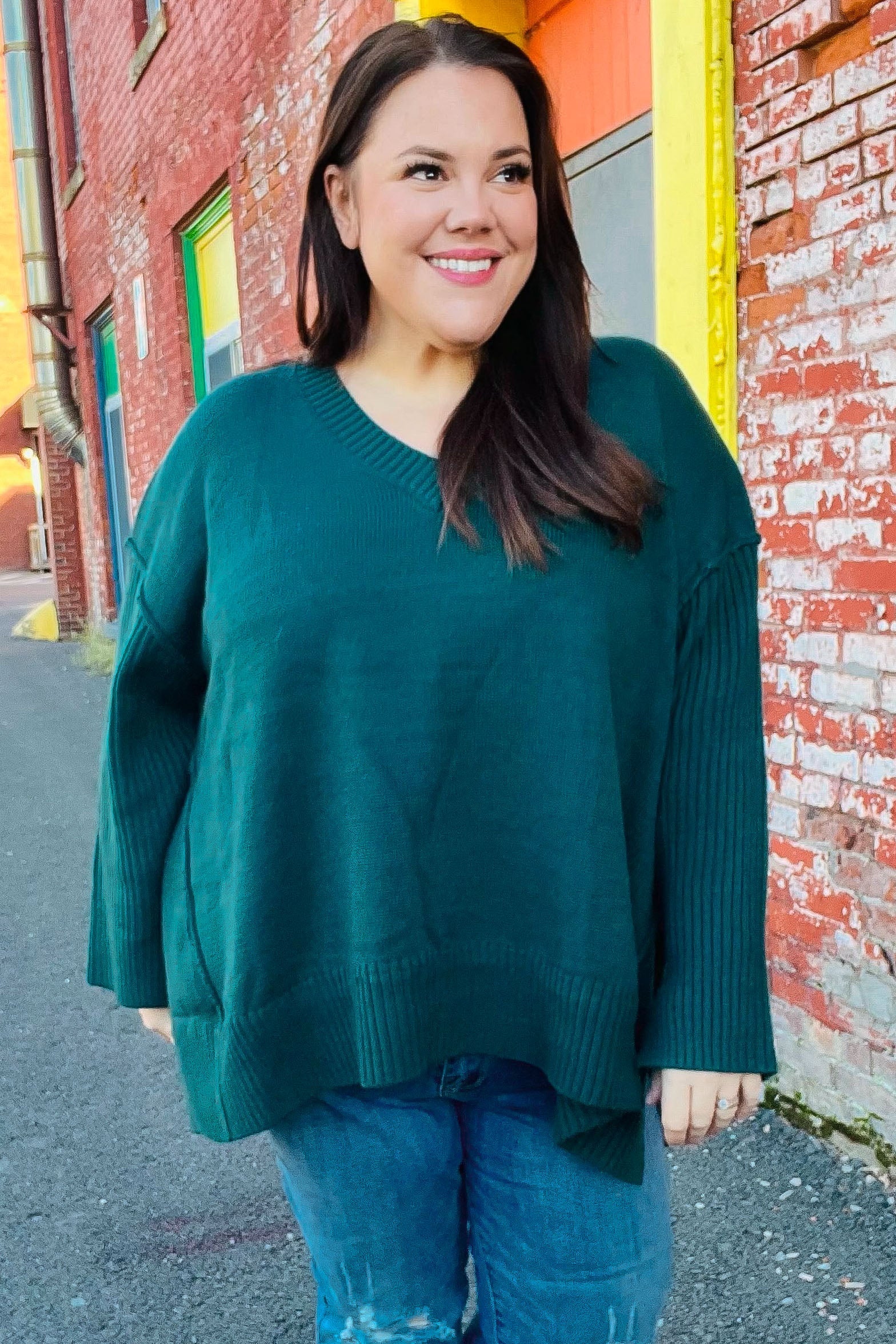 Casual Chic Hunter Green Oversized V Neck Rib Knit Sweater