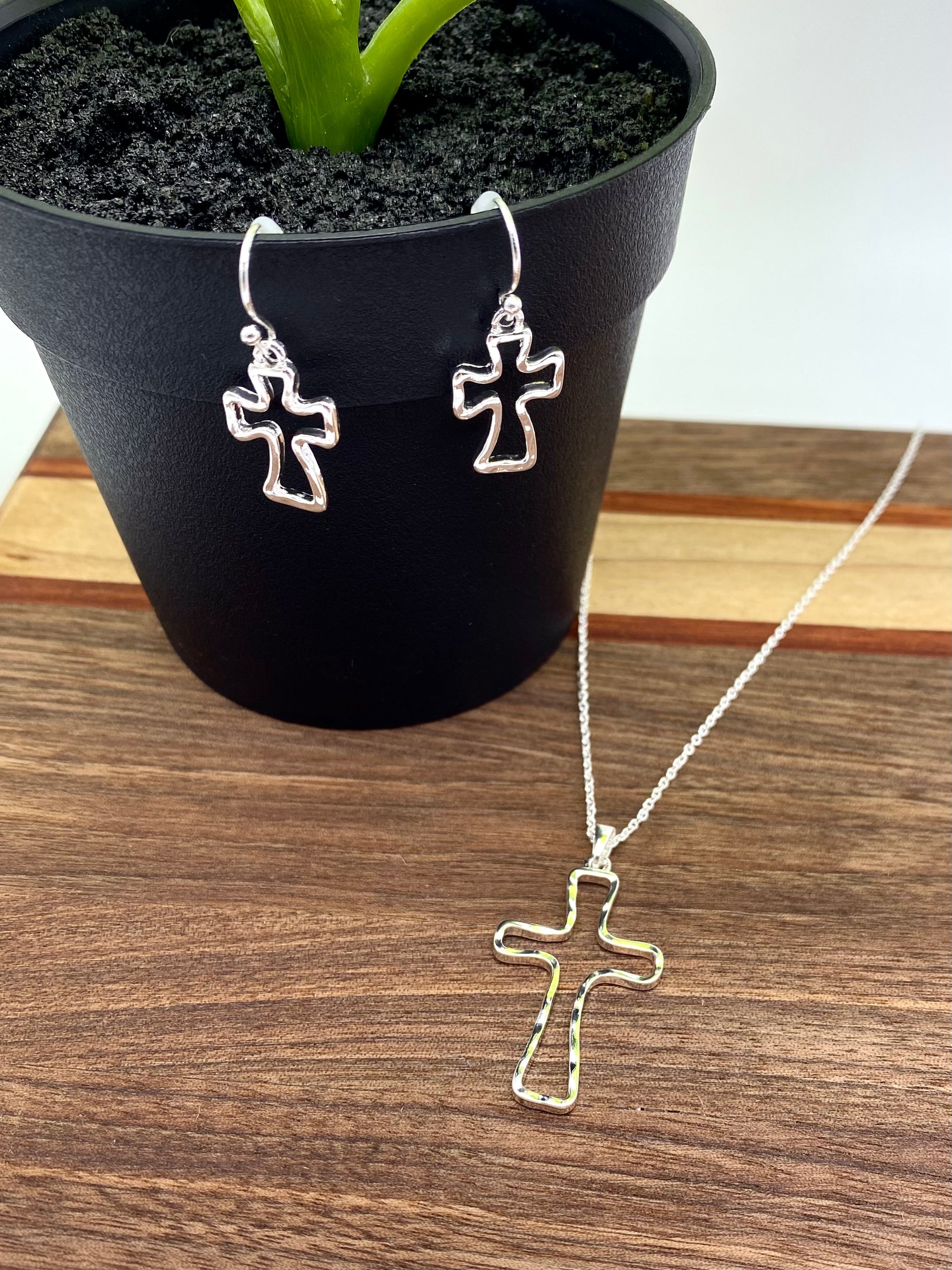 Silver Hollow Cross Earrings