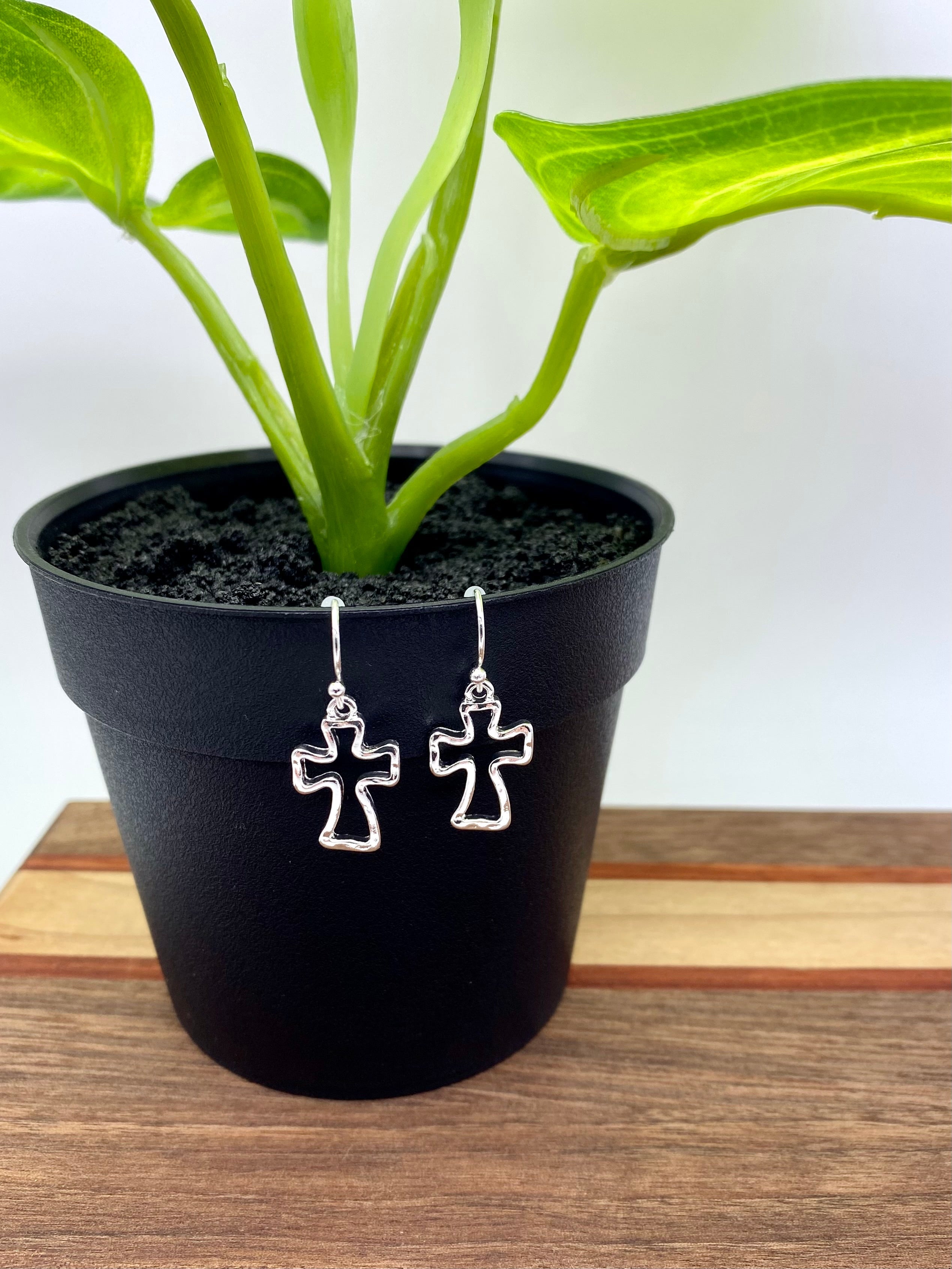 Silver Hollow Cross Earrings