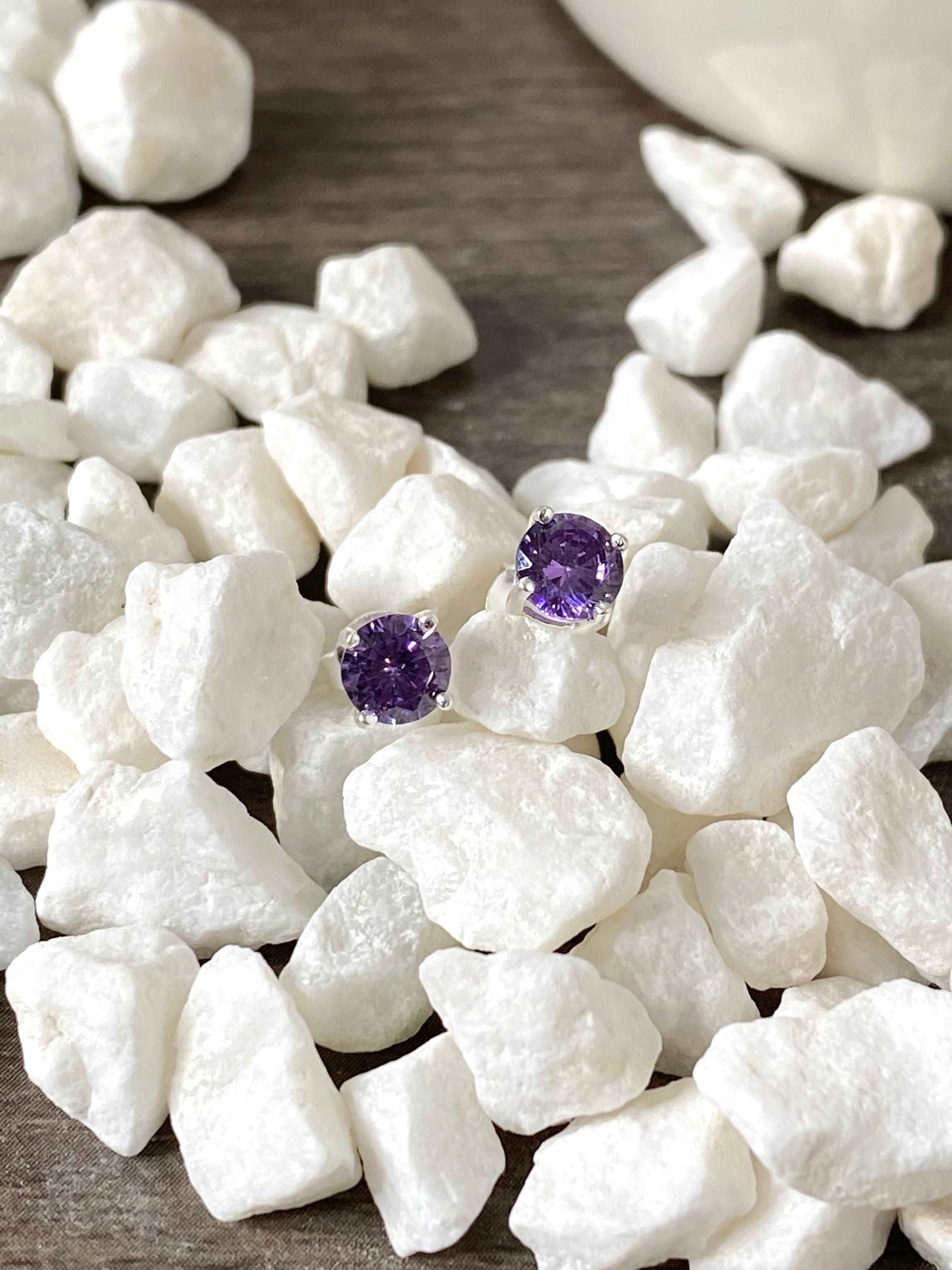 Amethyst CZ Round Studs Earrings in Sterling Silver