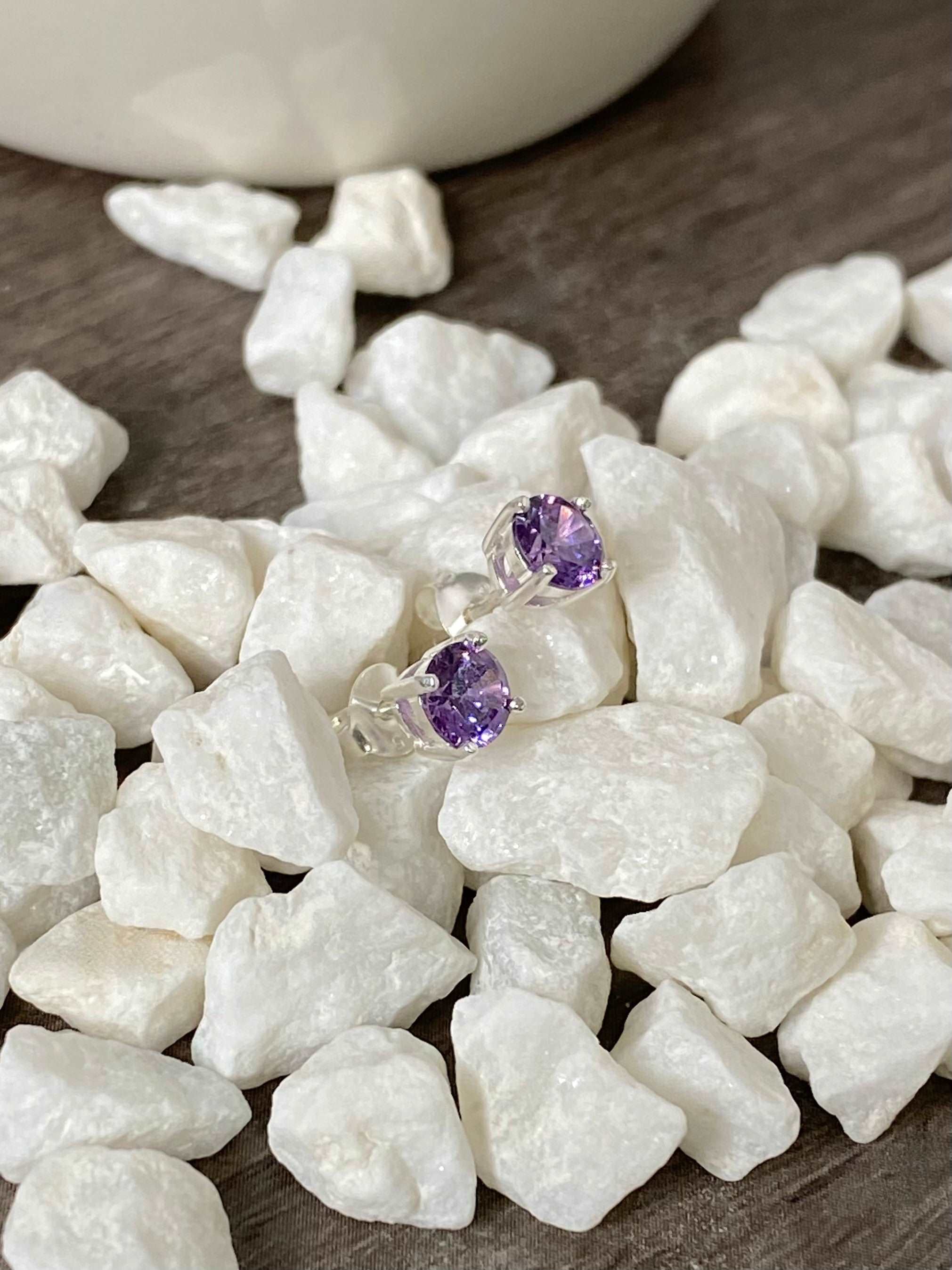 Amethyst CZ Round Studs Earrings in Sterling Silver