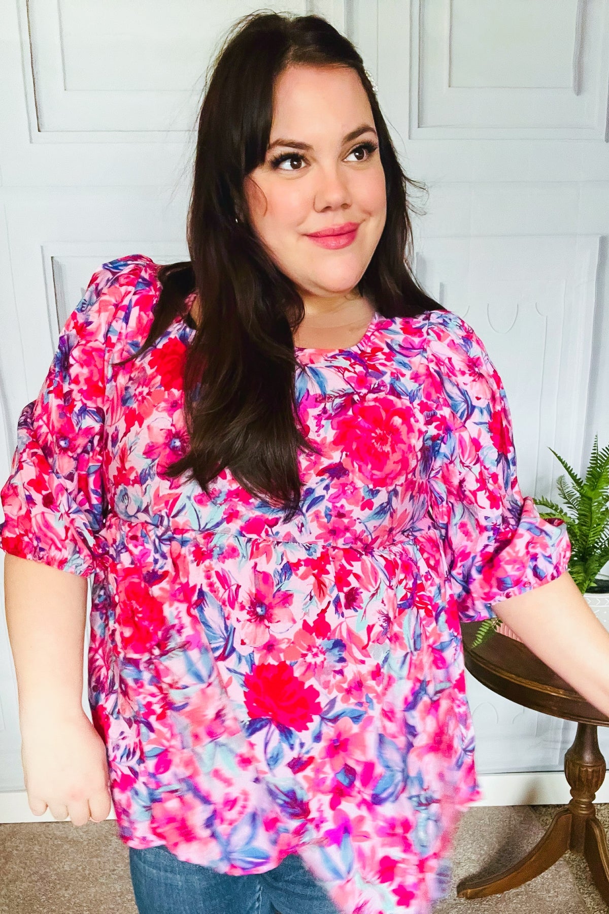 Feeling Femmi Pink & Fuchsia Floral Peplum Woven Top