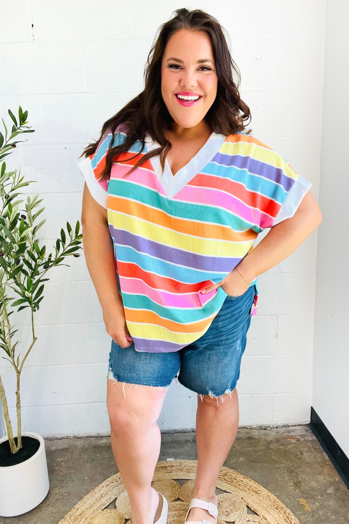 Sieze The Day Rainbow Striped V Neck Drop Shoulder Thermal Knit Top