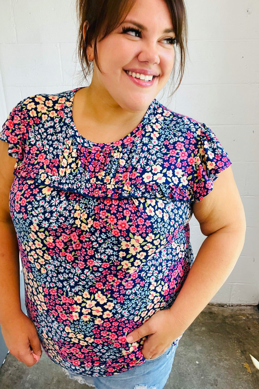 Navy Floral Print Frilled Short Sleeve Yoke Top