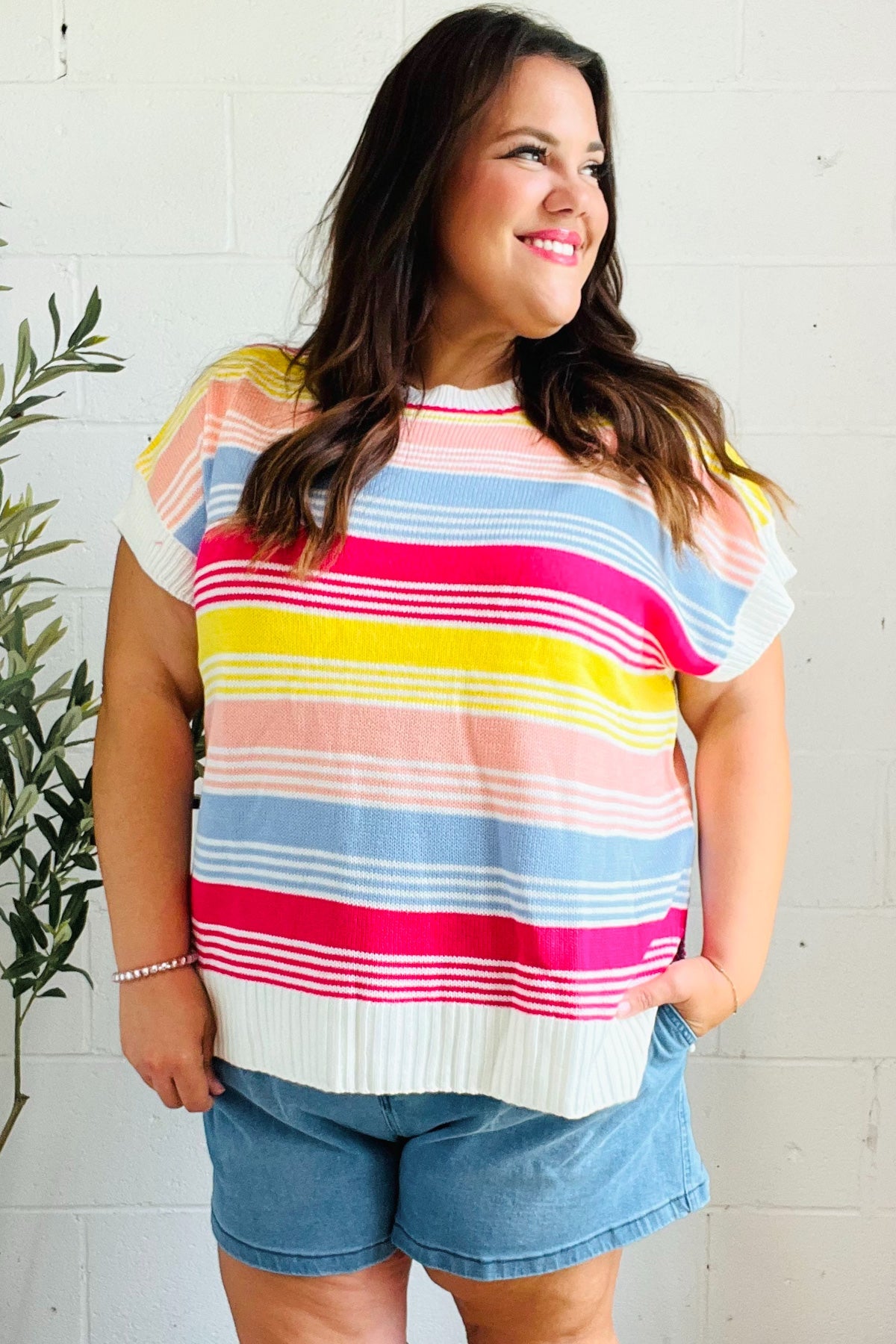 Feeling Playful Blue & Fuchsia Striped Short Dolman Sleeve Knit Top