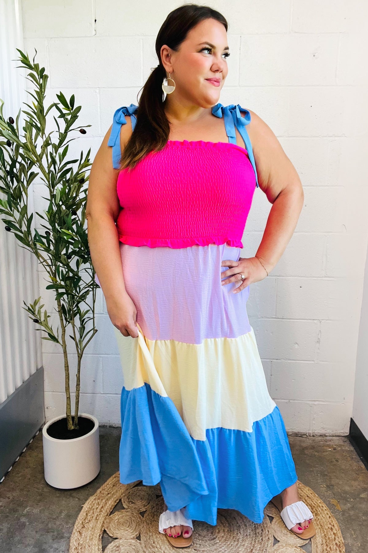 Vacay Vibes Hot Pink & Blue Smocked Color Block Maxi Dress