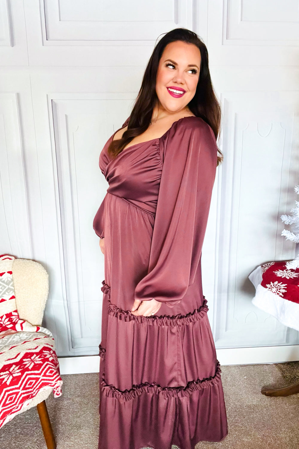 Vibes Wine Satin Front Overlap Smocked Back Maxi Dress