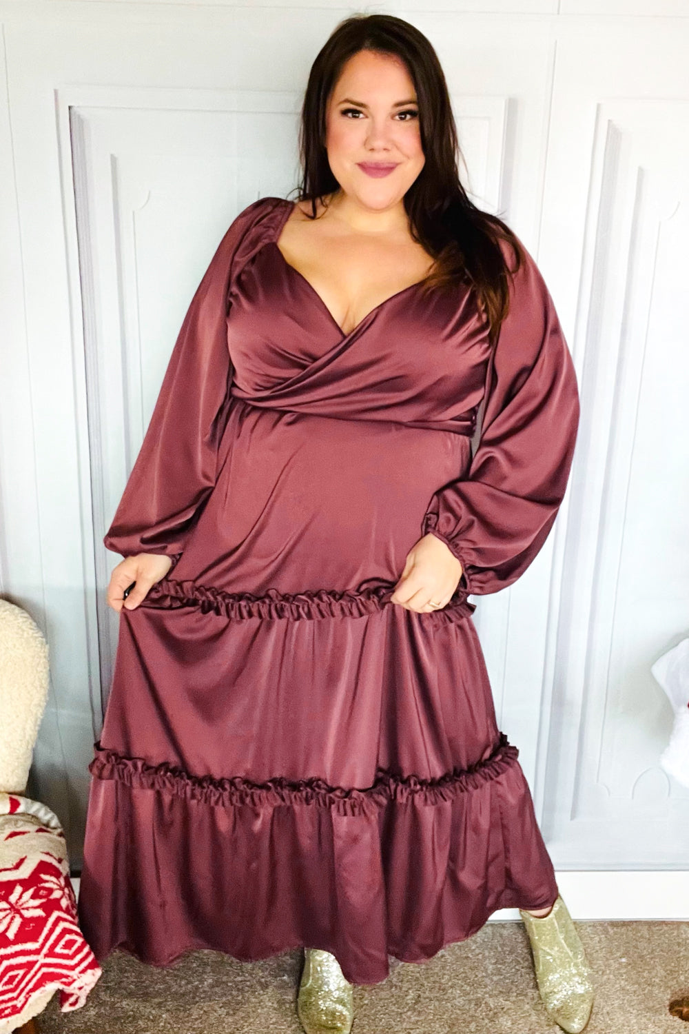 Vibes Wine Satin Front Overlap Smocked Back Maxi Dress