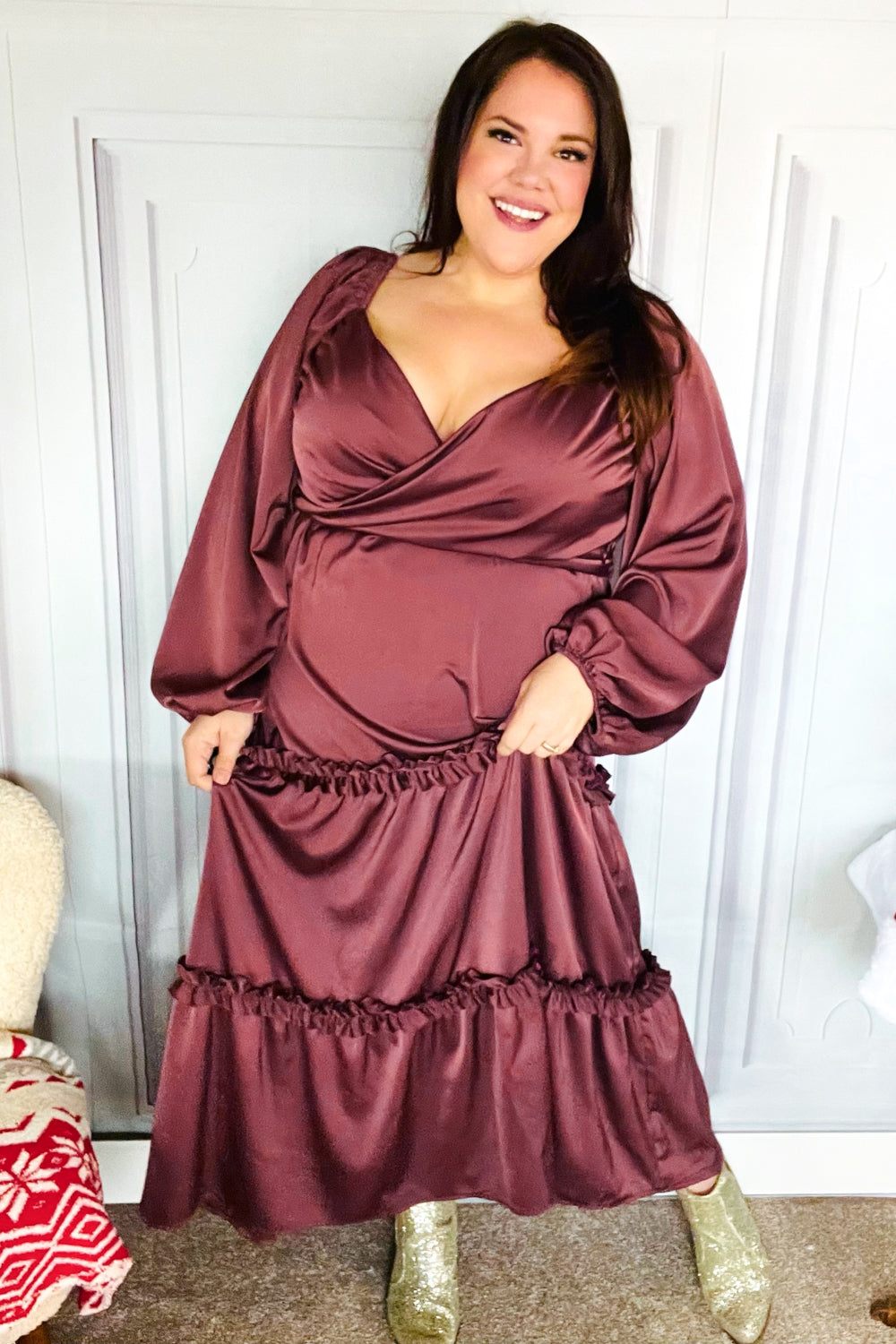 Vibes Wine Satin Front Overlap Smocked Back Maxi Dress