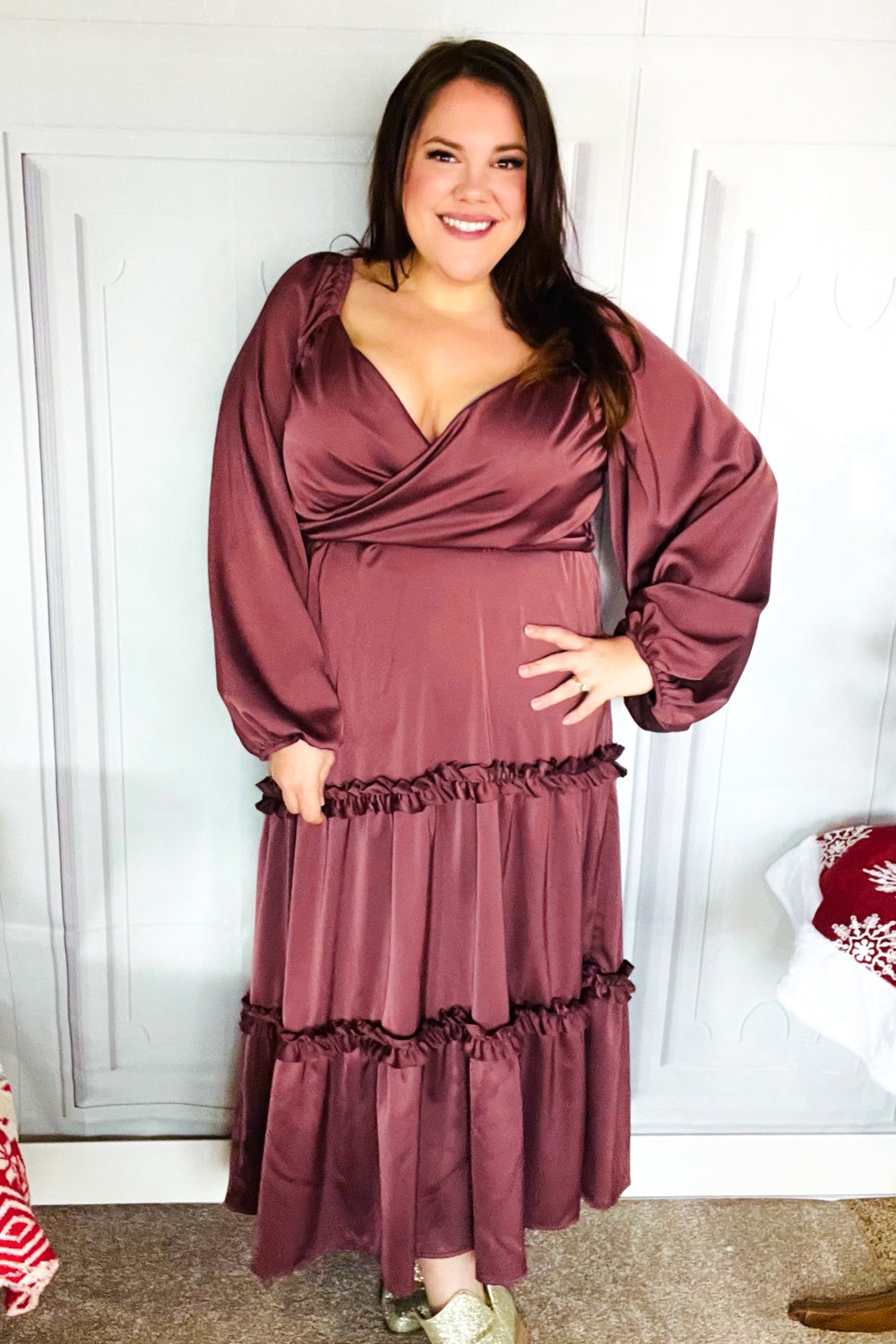 Vibes Wine Satin Front Overlap Smocked Back Maxi Dress