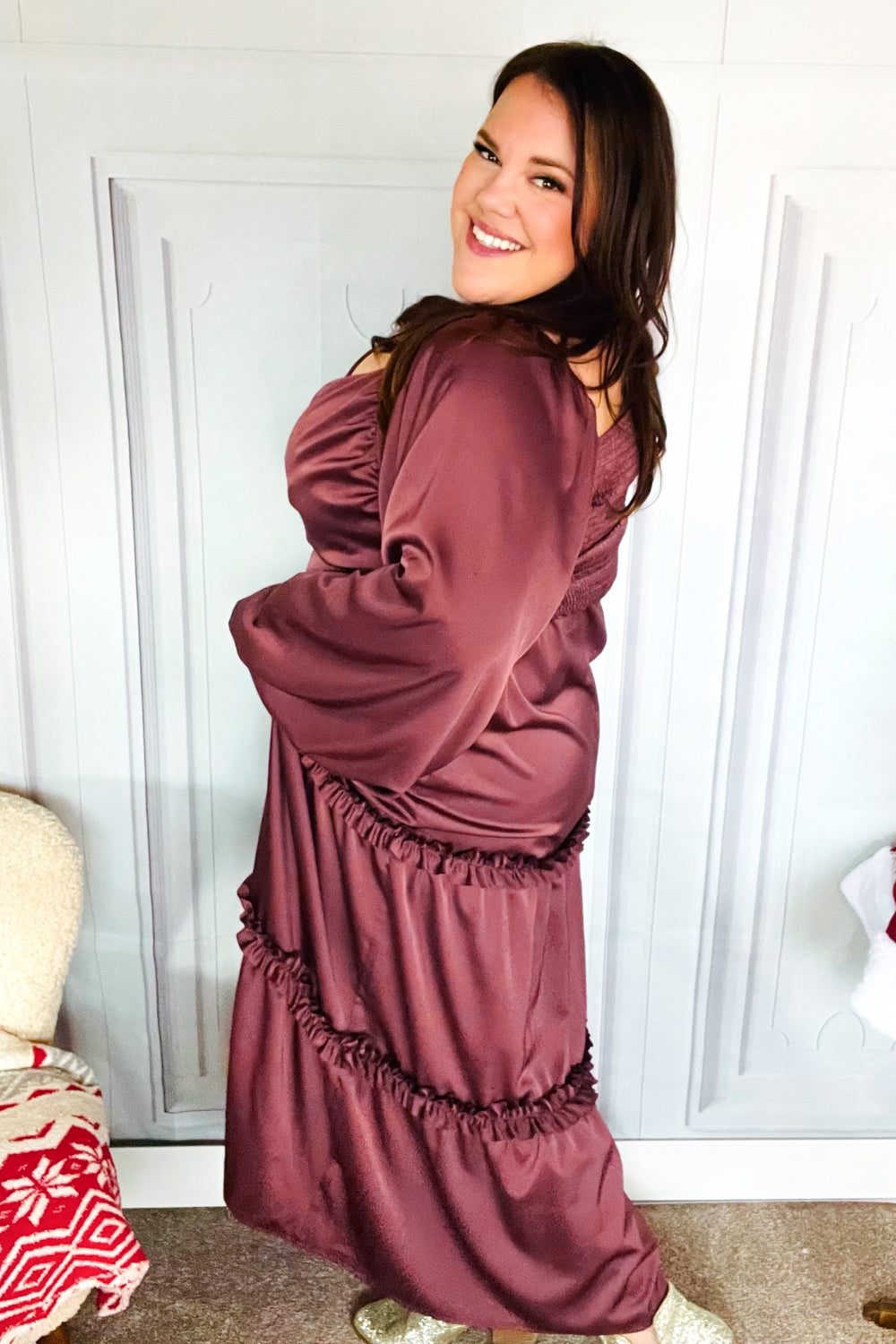 Vibes Wine Satin Front Overlap Smocked Back Maxi Dress