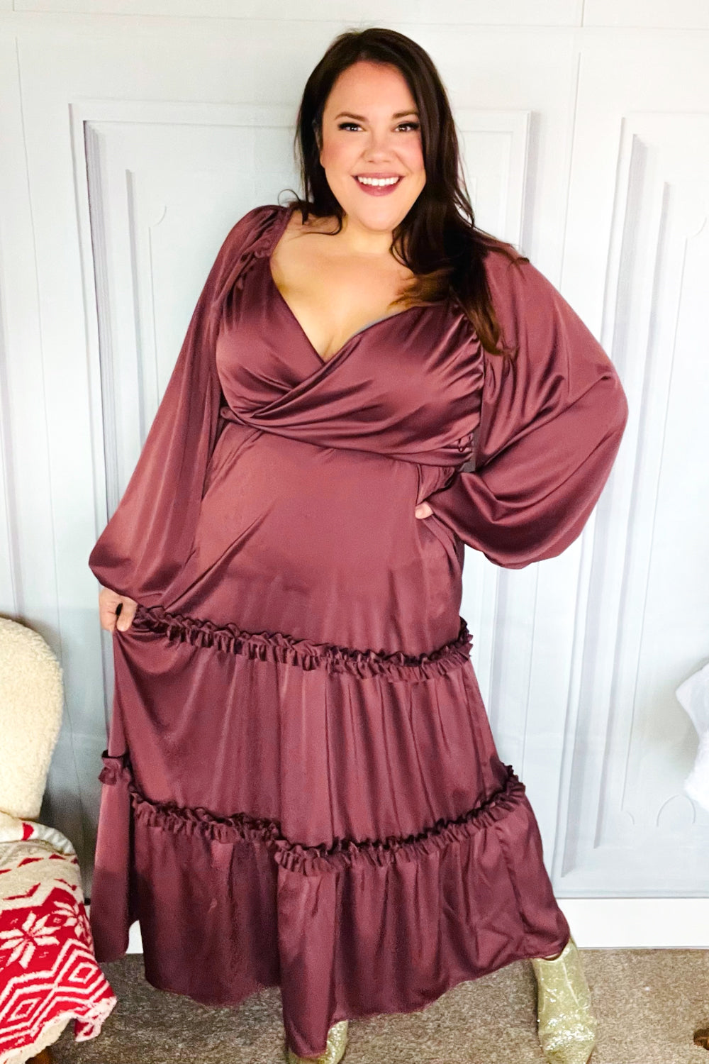 Vibes Wine Satin Front Overlap Smocked Back Maxi Dress