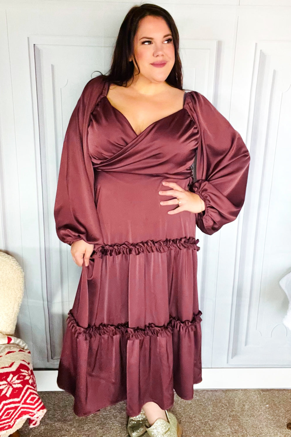 Vibes Wine Satin Front Overlap Smocked Back Maxi Dress