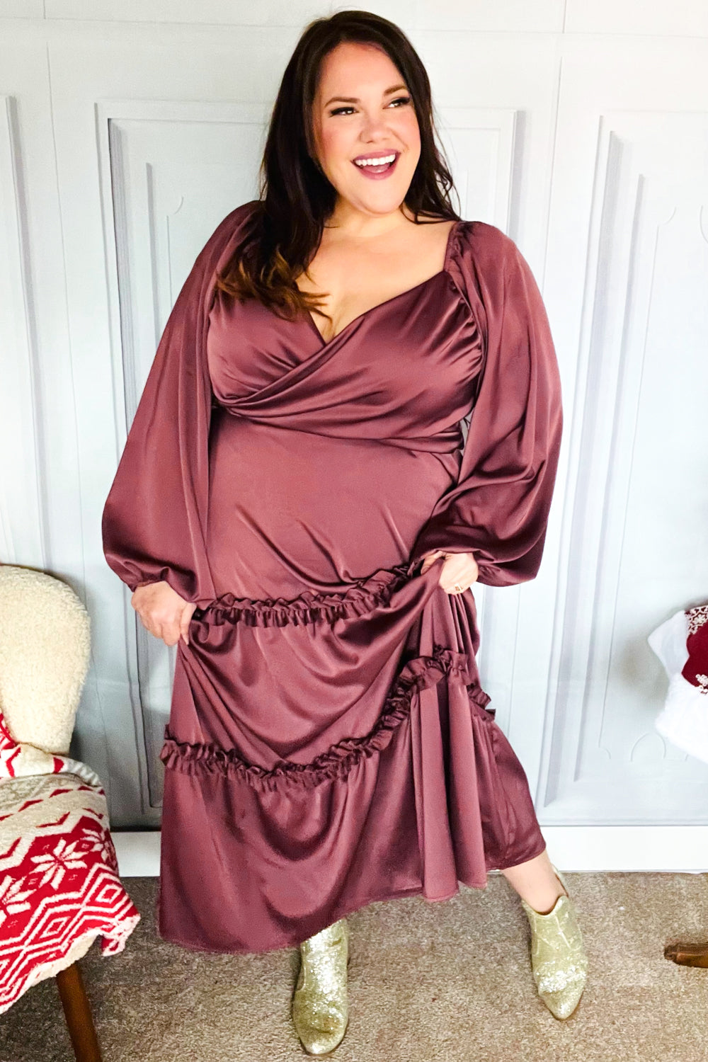 Vibes Wine Satin Front Overlap Smocked Back Maxi Dress