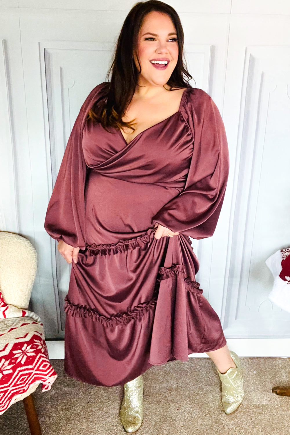 Vibes Wine Satin Front Overlap Smocked Back Maxi Dress