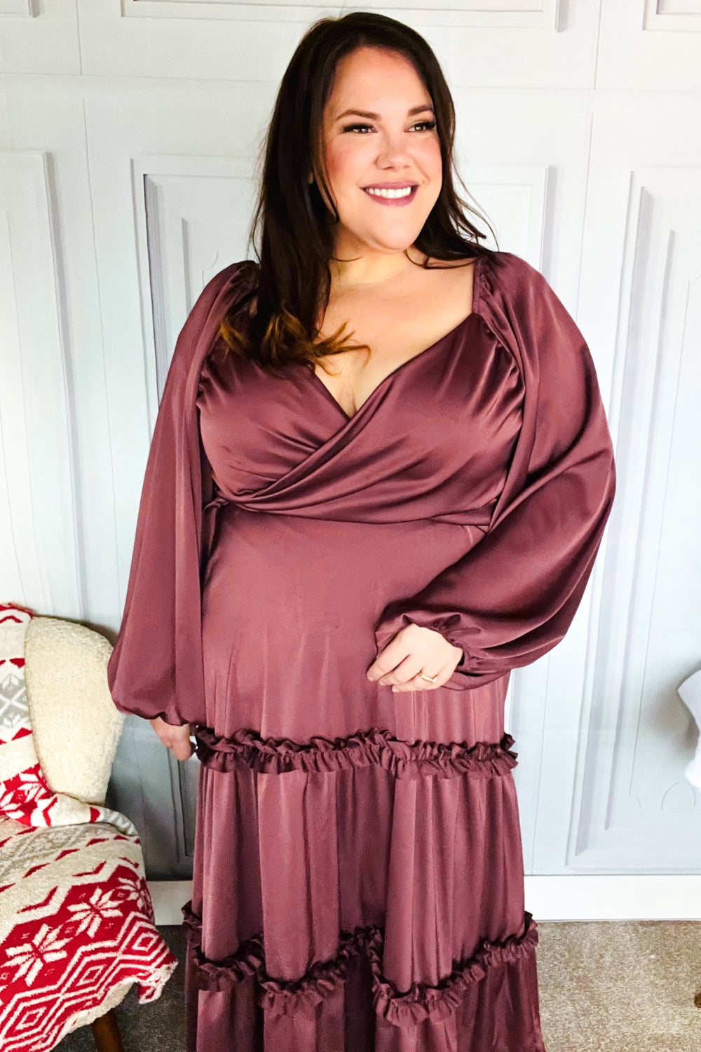 Vibes Wine Satin Front Overlap Smocked Back Maxi Dress