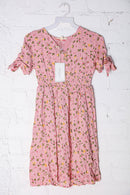Kids Adorable Rose Smocked Waist Floral Bow Tie Sleeve Dress