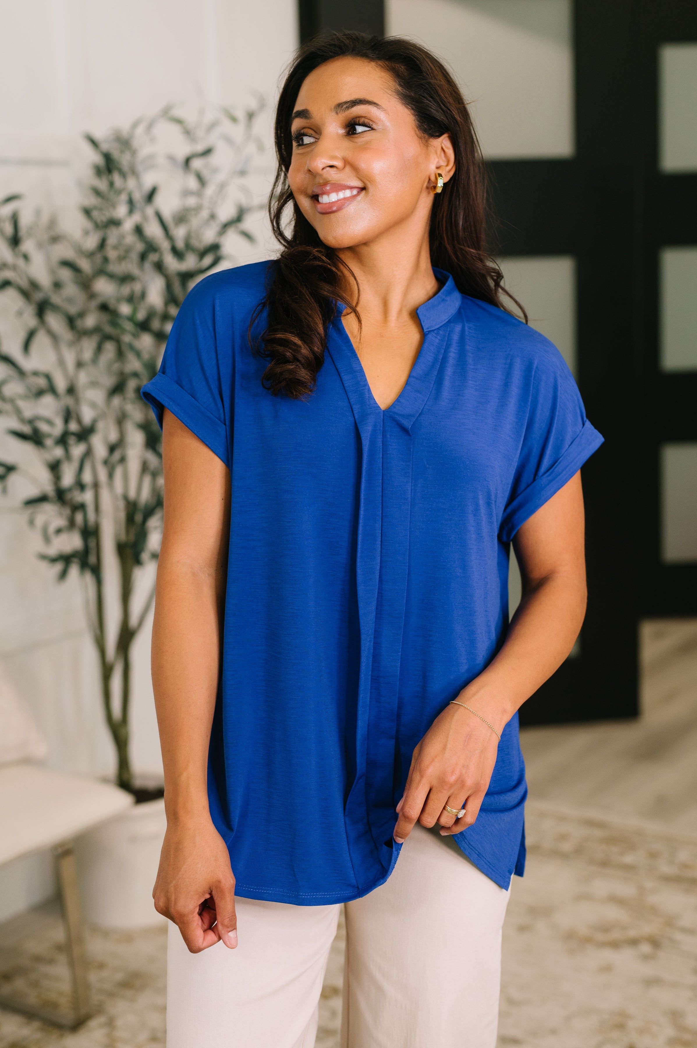 Lizzy Bloom Split Neck Blouse in Royal Blue