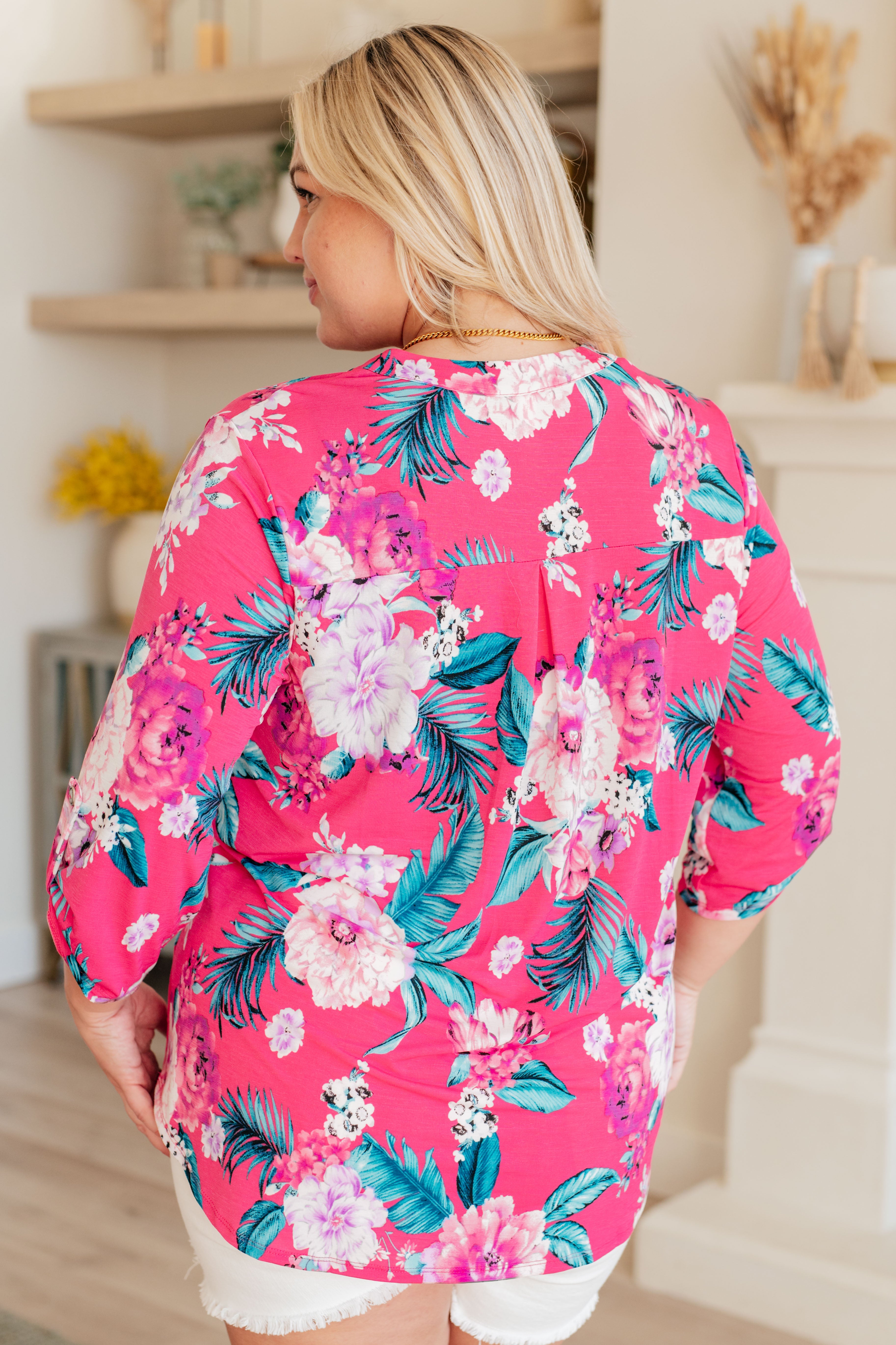 Lizzy Top in Magenta and Teal Tropical Floral