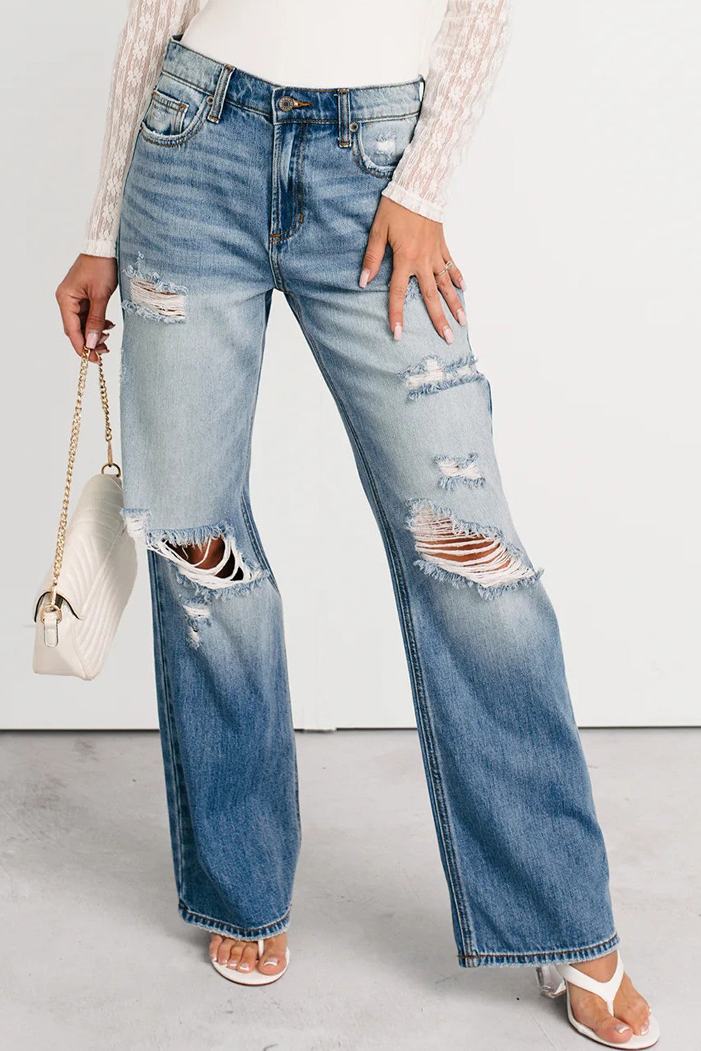 Mid Rise Distressed Straight Jeans