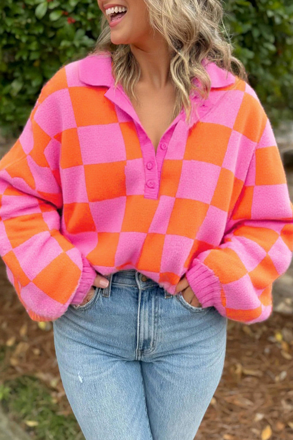 Pink Checkered Knit Polo Sweater