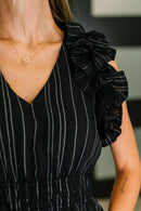 Pinstripe Romance V-Neck Ruffle Sleeve Dress in Black
