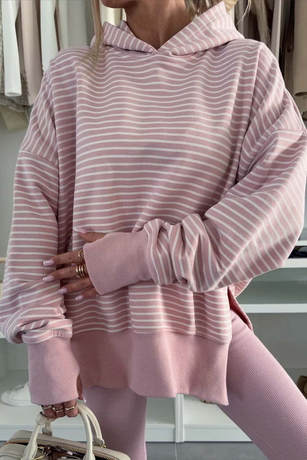 Stripe Thumbhole side Slits Hoodie