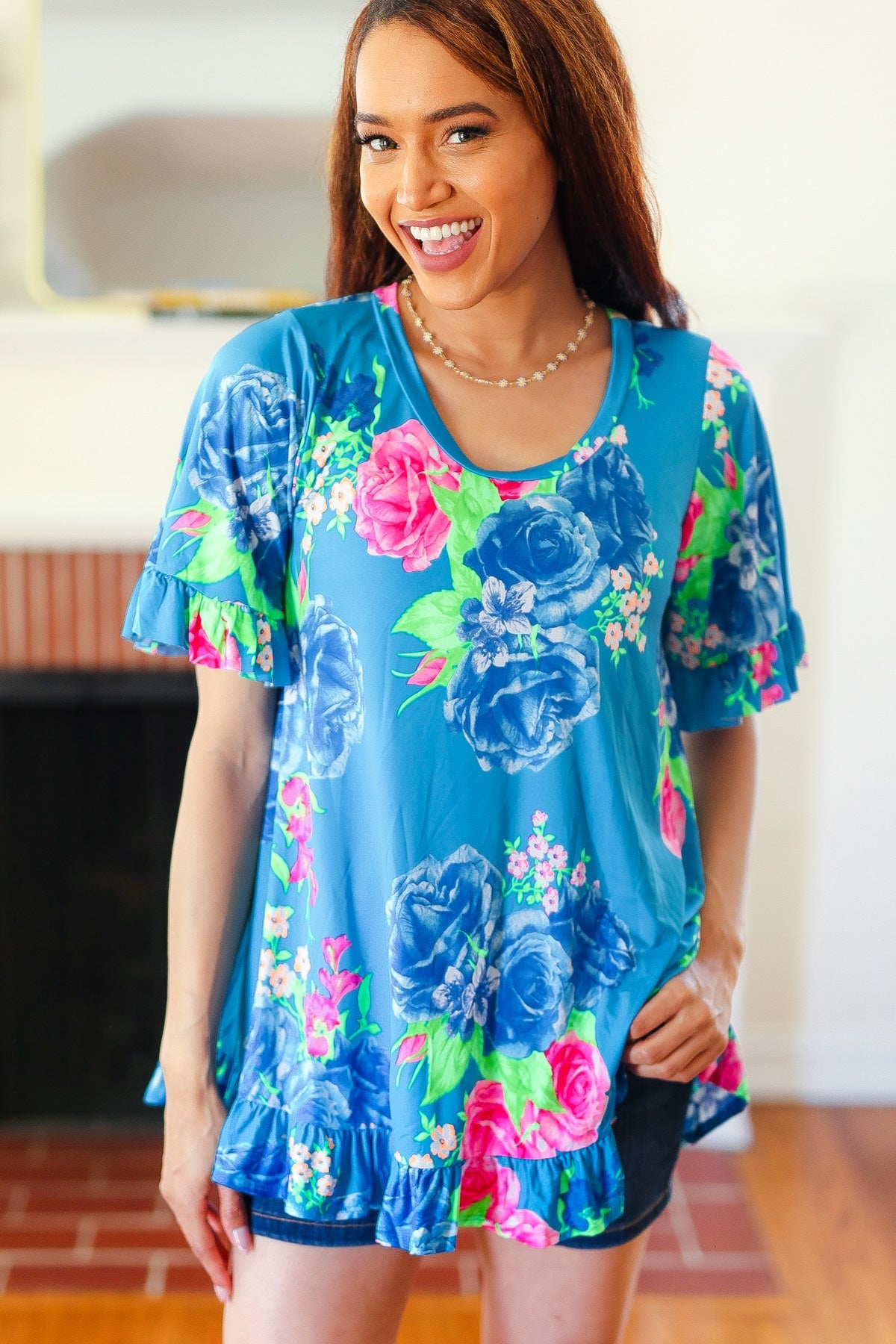 Feeling Playful Blue Floral Ruffle Sleeve & Hem Tunic Top