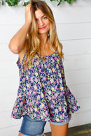 Navy Floral Ruffle Hem Sleeveless Top