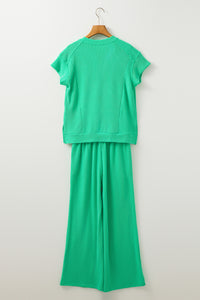 Wild Wind Solid Corded Knit Short Sleeve T Shirt and Wide Leg Pants Set