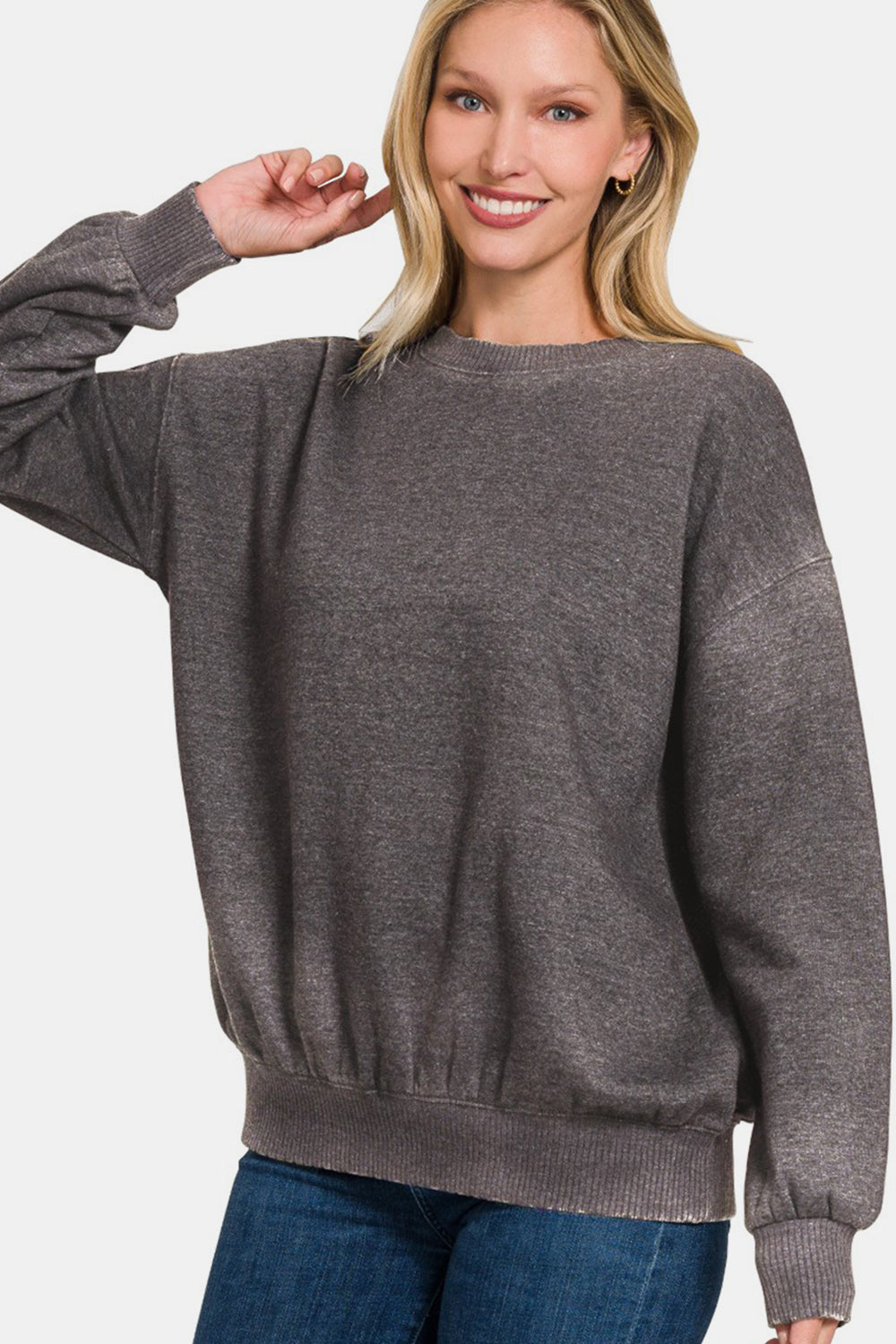 Zenana Full Size Acid Wash Fleece Long Sleeve Sweatshirt