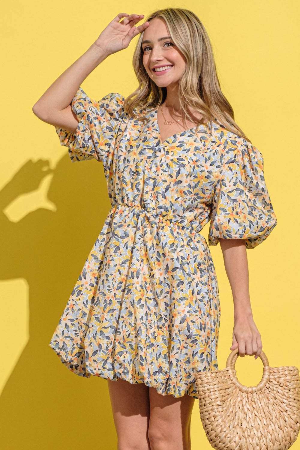 And The Why Full Size Floral Surplice Puff Sleeve Dress