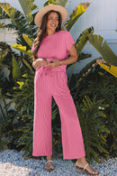 Wild Wind Solid Corded Knit Short Sleeve T Shirt and Wide Leg Pants Set