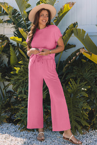 Wild Wind Solid Corded Knit Short Sleeve T Shirt and Wide Leg Pants Set