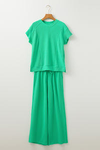 Wild Wind Solid Corded Knit Short Sleeve T Shirt and Wide Leg Pants Set