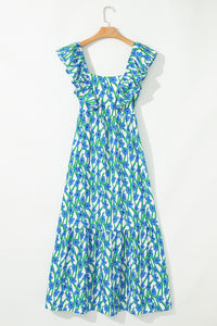 Pink Floral Print Square Neck Ruffled Strap Maxi Dress