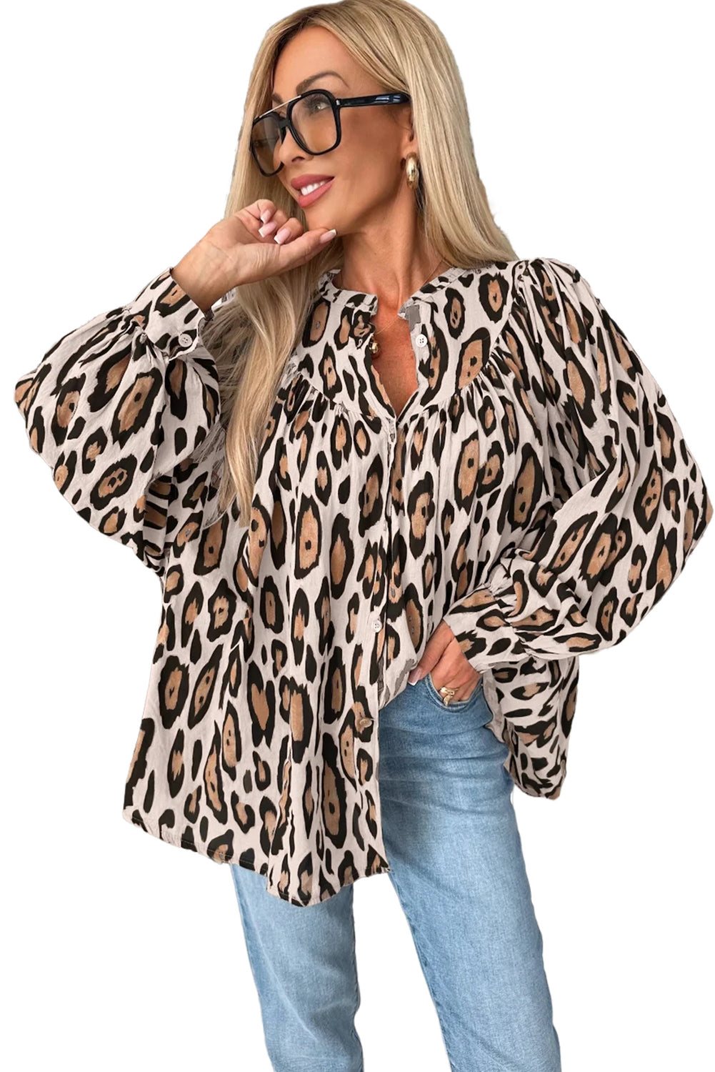 Light French Beige Oversized Leopard Print Balloon Sleeve Casual Shirt