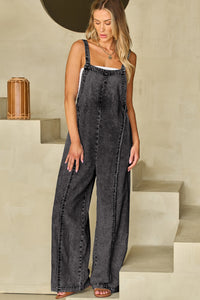 Beau Blue Light Wash Frayed Exposed Seam Wide Leg Denim Overall