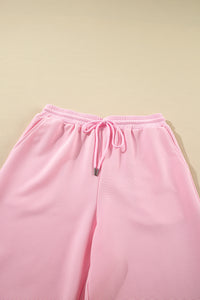 Pink Textured Ruffled Sleeve Zipped Top and Wide Leg Pants Set