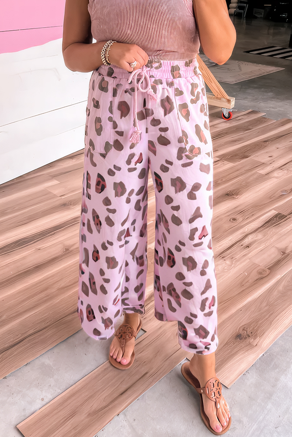 Pink Drawstring Leopard Pants