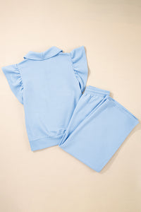 Pink Textured Ruffled Sleeve Zipped Top and Wide Leg Pants Set