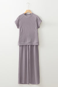 Wild Wind Solid Corded Knit Short Sleeve T Shirt and Wide Leg Pants Set