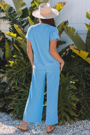 Wild Wind Solid Corded Knit Short Sleeve T Shirt and Wide Leg Pants Set