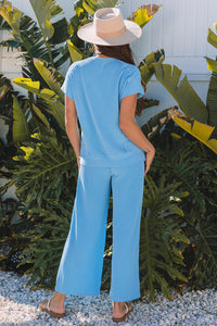 Wild Wind Solid Corded Knit Short Sleeve T Shirt and Wide Leg Pants Set