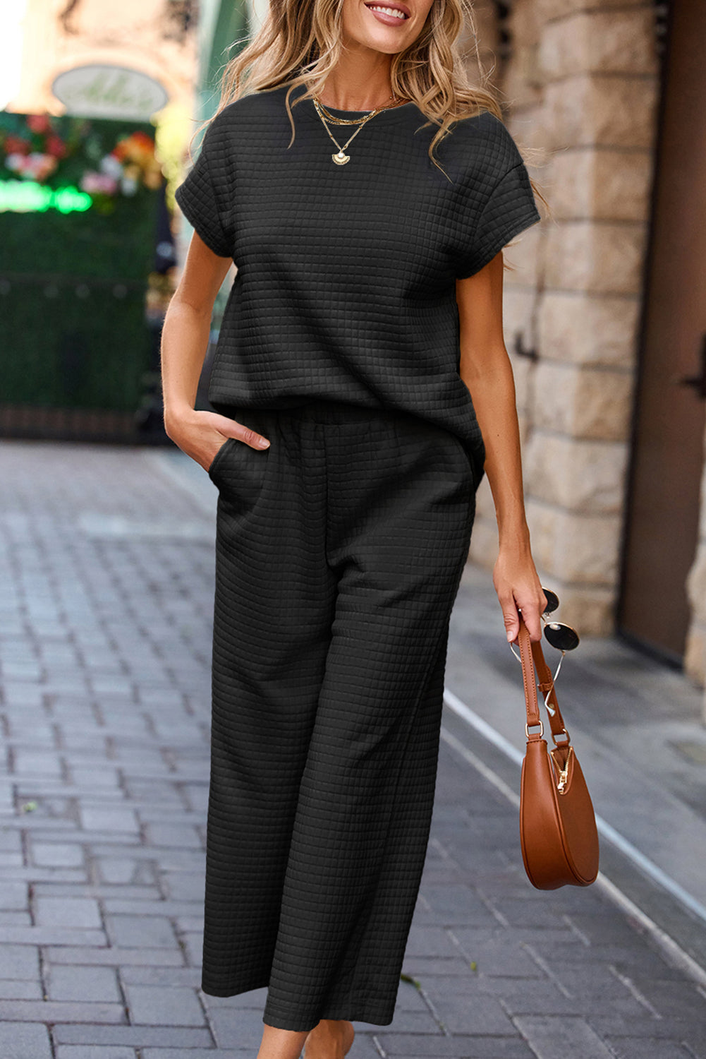 Textured Top and Casual Pants Set
